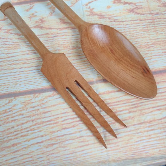 Vintage Salad Serving Set Spoon Fork Wood Ceramic Handle Handpainted Turnip - Picture 7 of 7